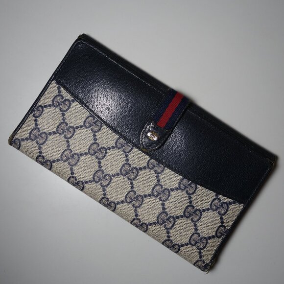 Vintage Gucci GG Blue Monogram Sherry Bi-Fold Long Wallet, Size 4.25 in x 7.5 in - Picture 3 of 16